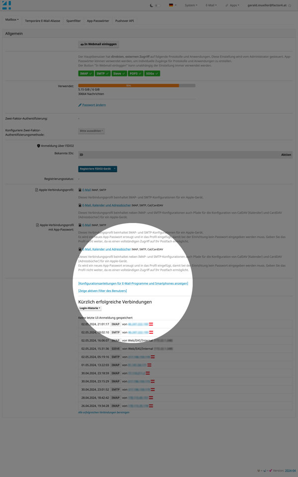 Mailserver Übersichtsseite mit Link zur personalisierten Konfiguration